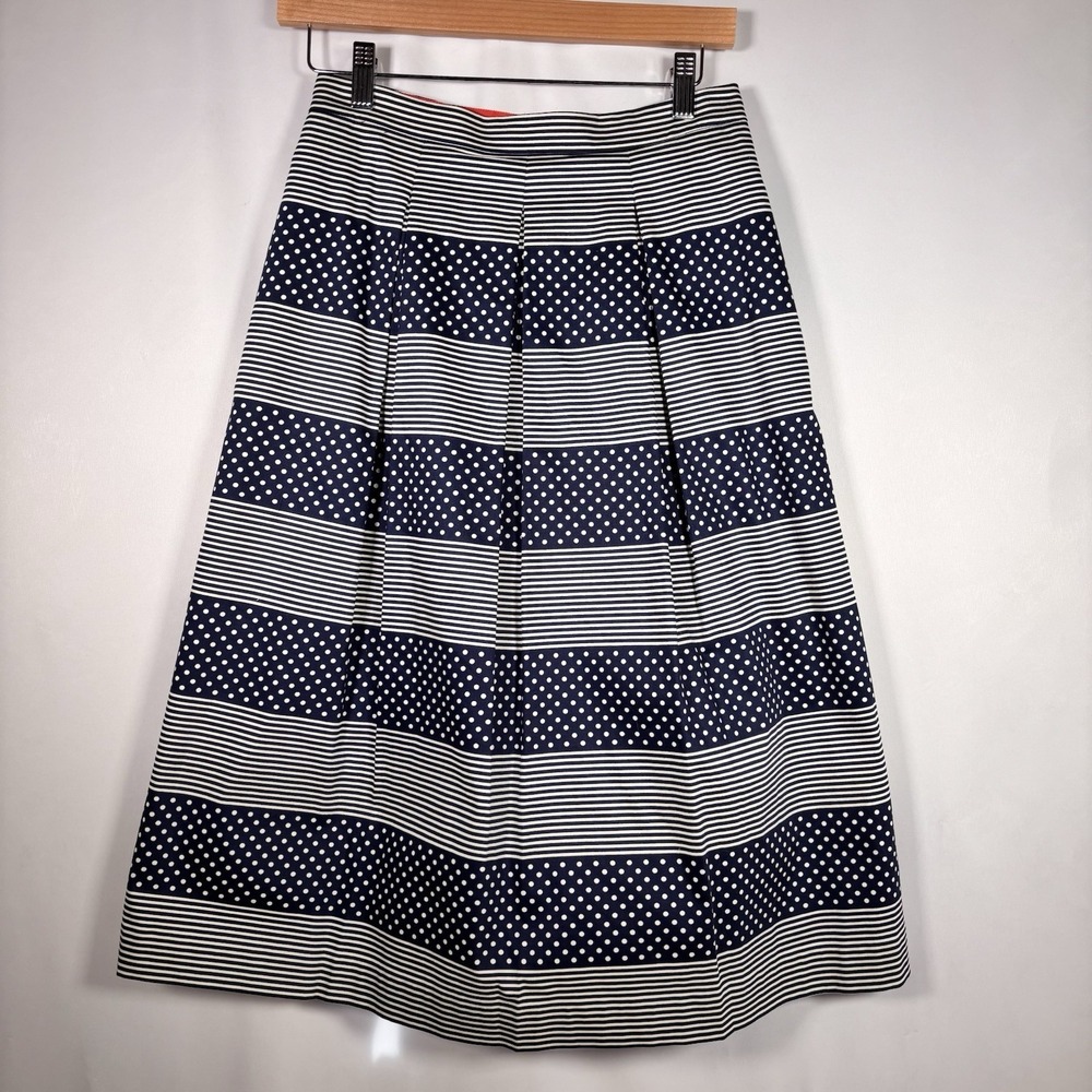 Boden Skirt Womens 4 Pleated Midi Polka Dot Striped Nautical Teacher Navy Blue - Picture 1 of 7
